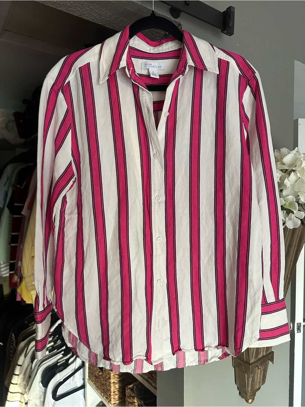 Signature Pink and White Striped Button-Up Shirt